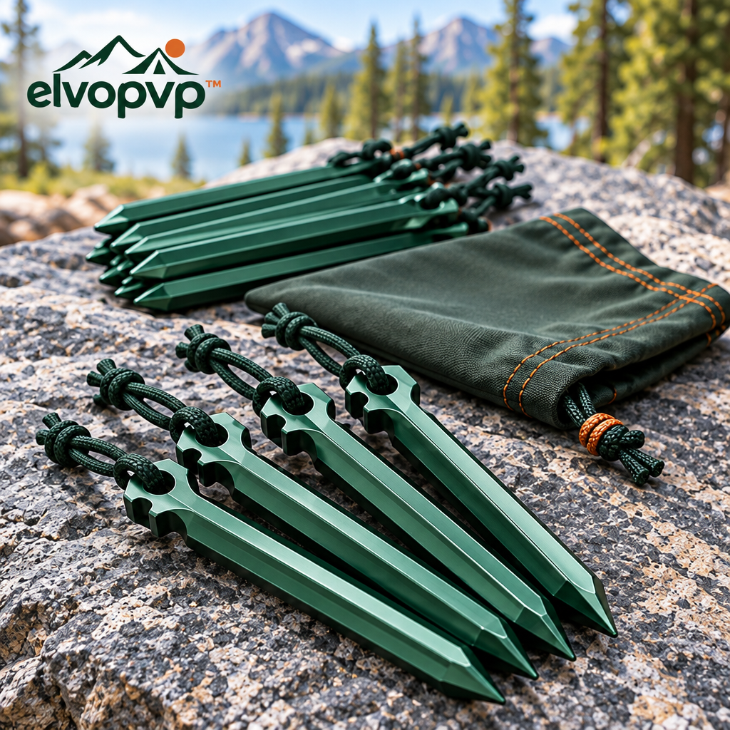elvopvp™ Ridge Aluminum Tent Stake Kit — 7-Inch Camping Ground Pegs with Pull Loops & Storage Pouch, 12-Pack