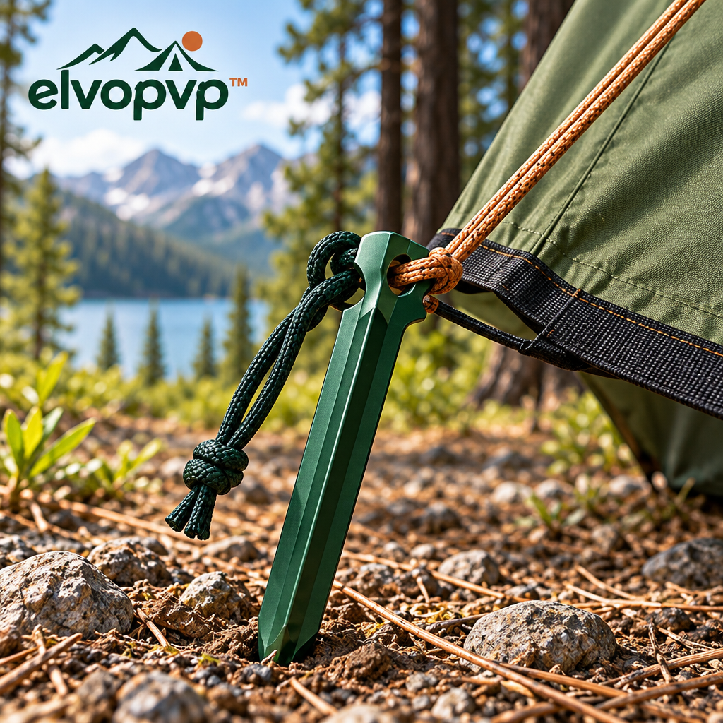 elvopvp™ Ridge Aluminum Tent Stake Kit — 7-Inch Camping Ground Pegs with Pull Loops & Storage Pouch, 12-Pack