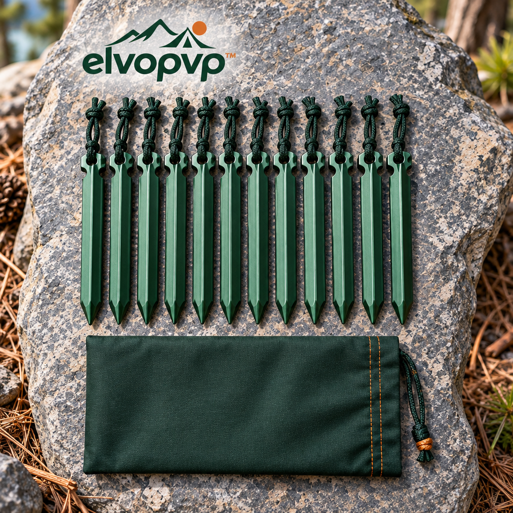 elvopvp™ Ridge Aluminum Tent Stake Kit — 7-Inch Camping Ground Pegs with Pull Loops & Storage Pouch, 12-Pack
