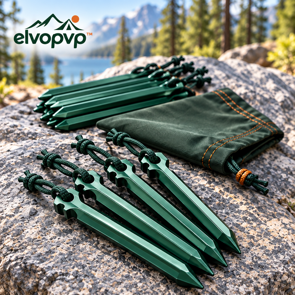 elvopvp™ Ridge Aluminum Tent Stake Kit — 7-Inch Camping Ground Pegs with Pull Loops & Storage Pouch, 12-Pack