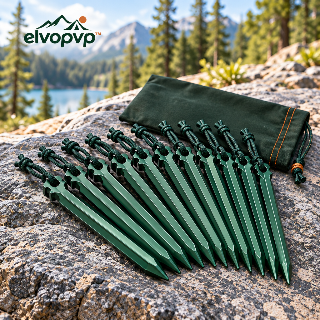 elvopvp™ Ridge Aluminum Tent Stake Kit — 7-Inch Camping Ground Pegs with Pull Loops & Storage Pouch, 12-Pack