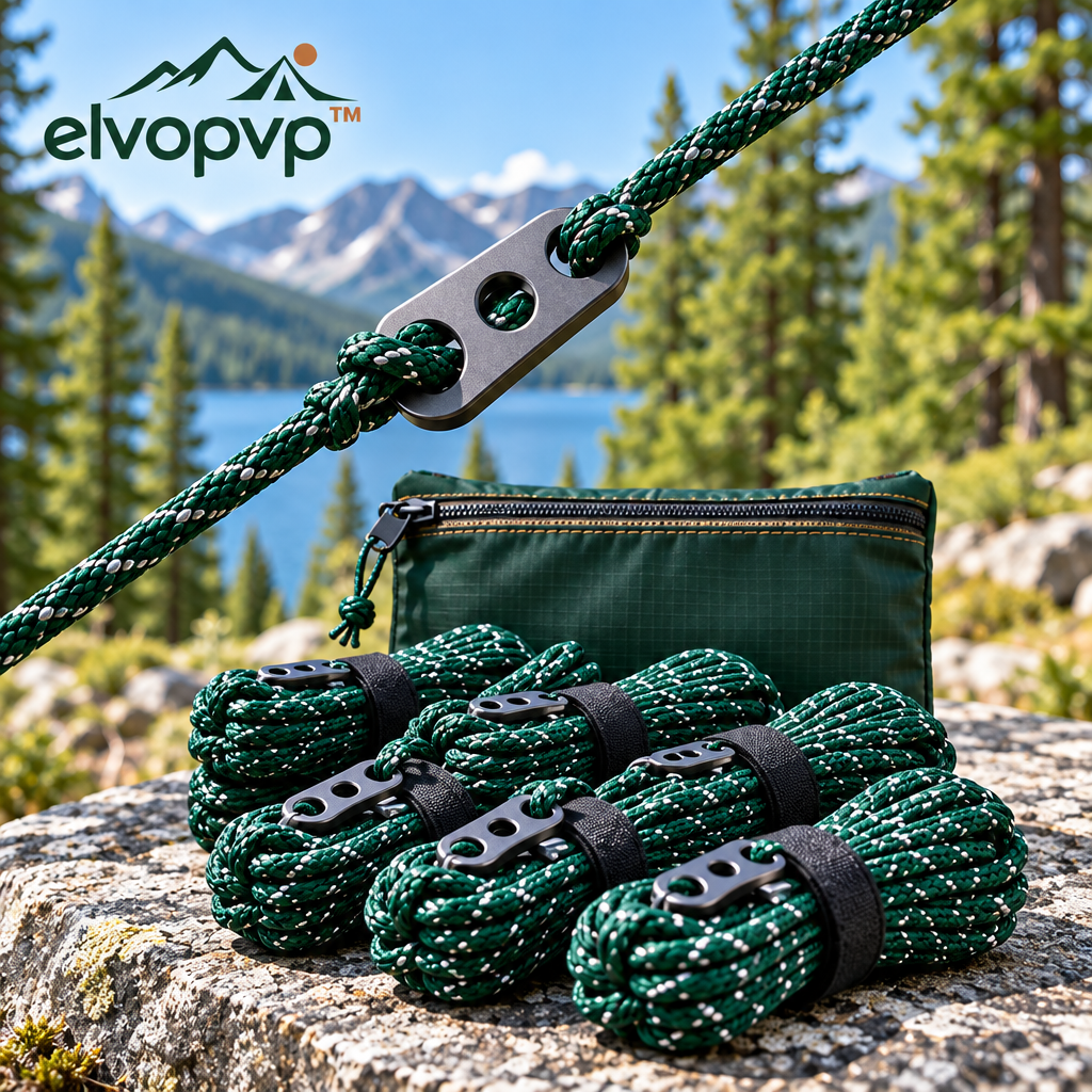 elvopvp™ Tension Line Kit — Reflective Camping Tent Guyline & Tarp Cord with Aluminum Adjusters, 8 × 10-Foot Lines