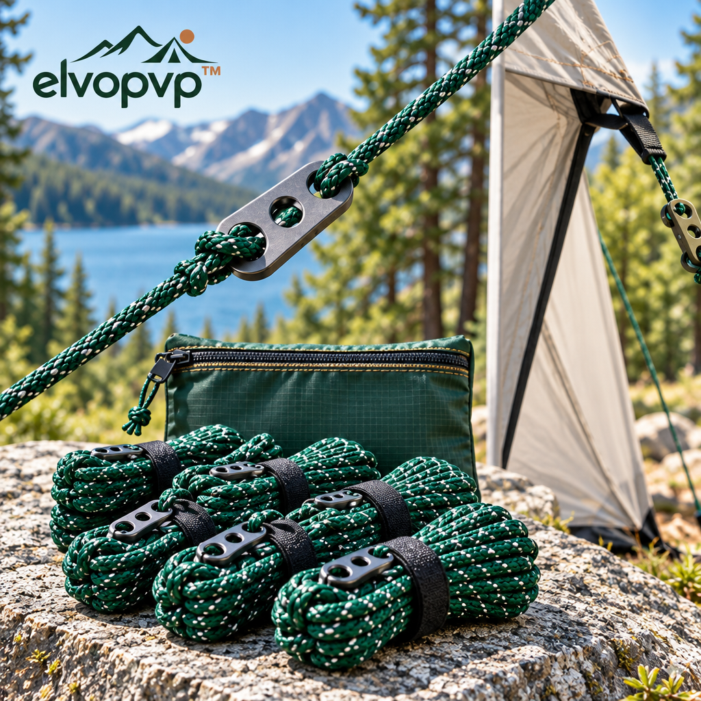 elvopvp™ Tension Line Kit — Reflective Camping Tent Guyline & Tarp Cord with Aluminum Adjusters, 8 × 10-Foot Lines