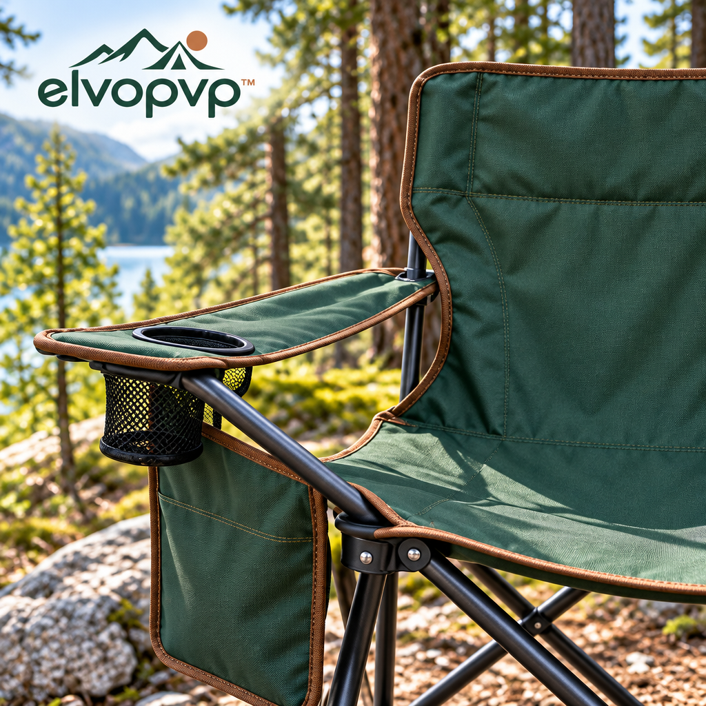 elvopvp™ Field Lounge Folding Camping Chair — Outdoor Seat with Armrests, Cup Holder, Side Pocket & Carry Bag