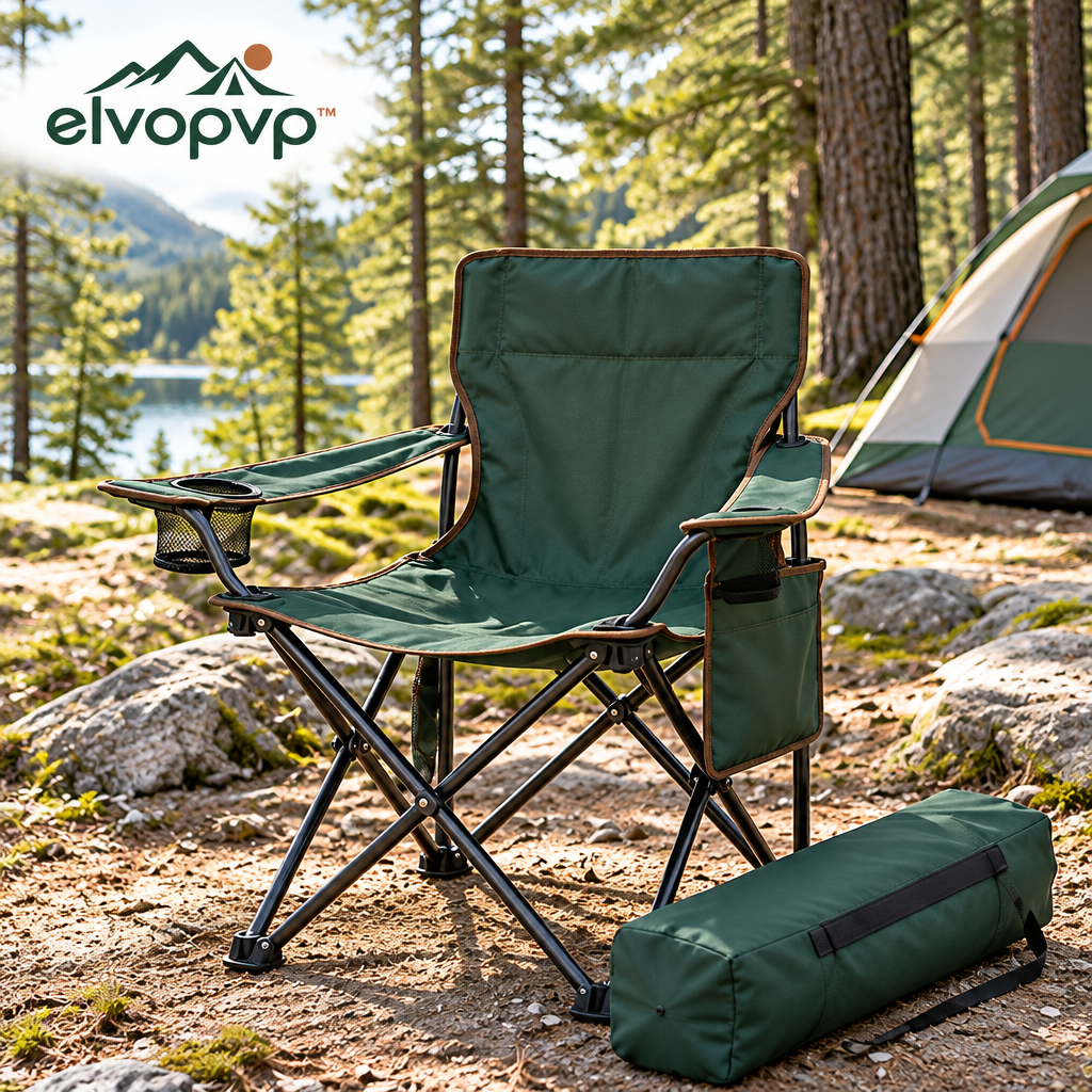 elvopvp™ Field Lounge Folding Camping Chair — Outdoor Seat with Armrests, Cup Holder, Side Pocket & Carry Bag