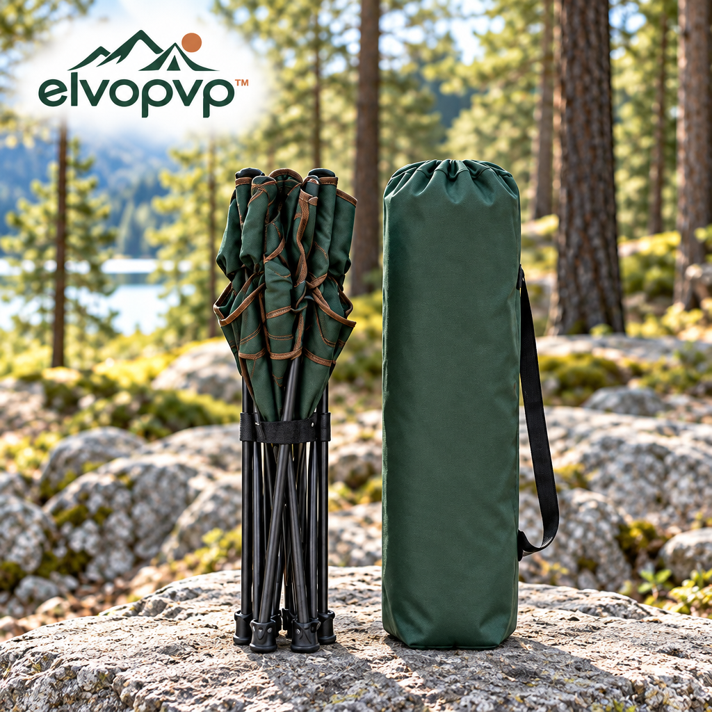 elvopvp™ Field Lounge Folding Camping Chair — Outdoor Seat with Armrests, Cup Holder, Side Pocket & Carry Bag