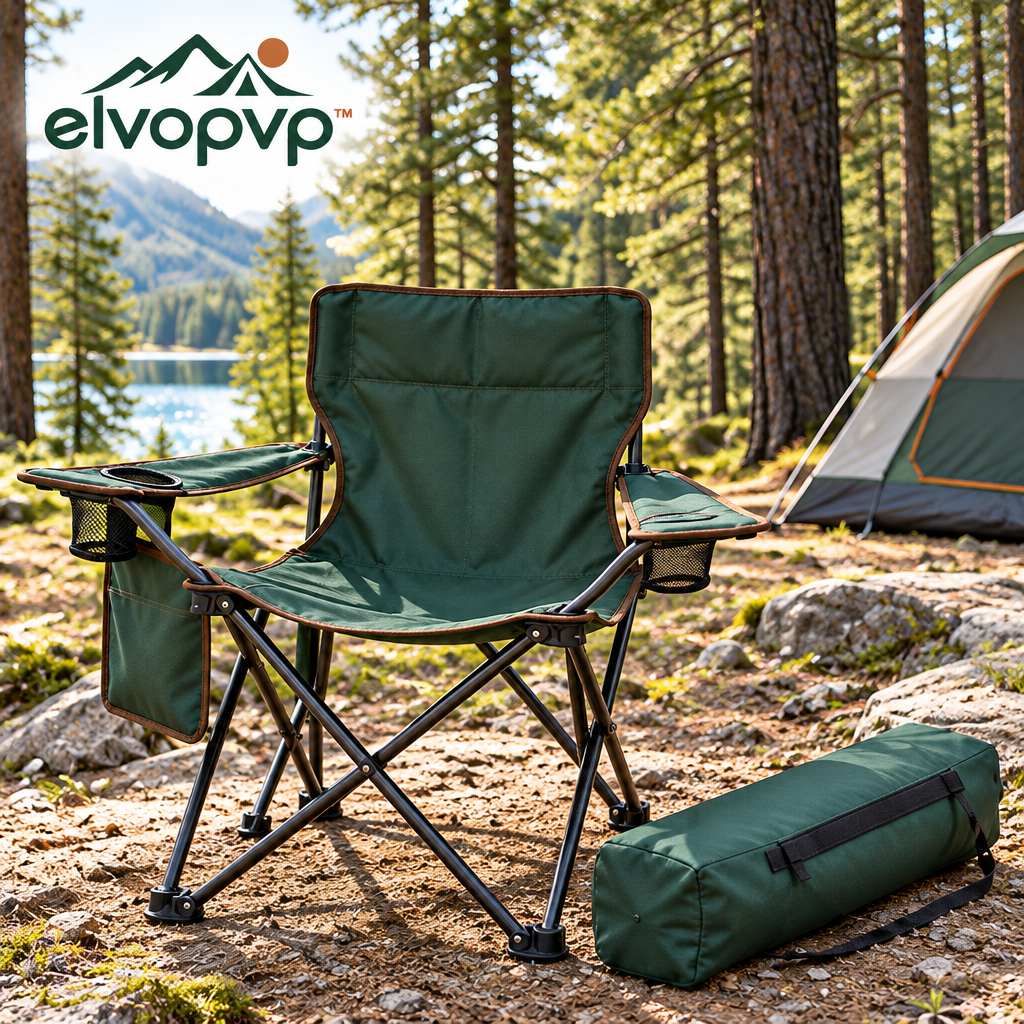 elvopvp™ Field Lounge Folding Camping Chair — Outdoor Seat with Armrests, Cup Holder, Side Pocket & Carry Bag
