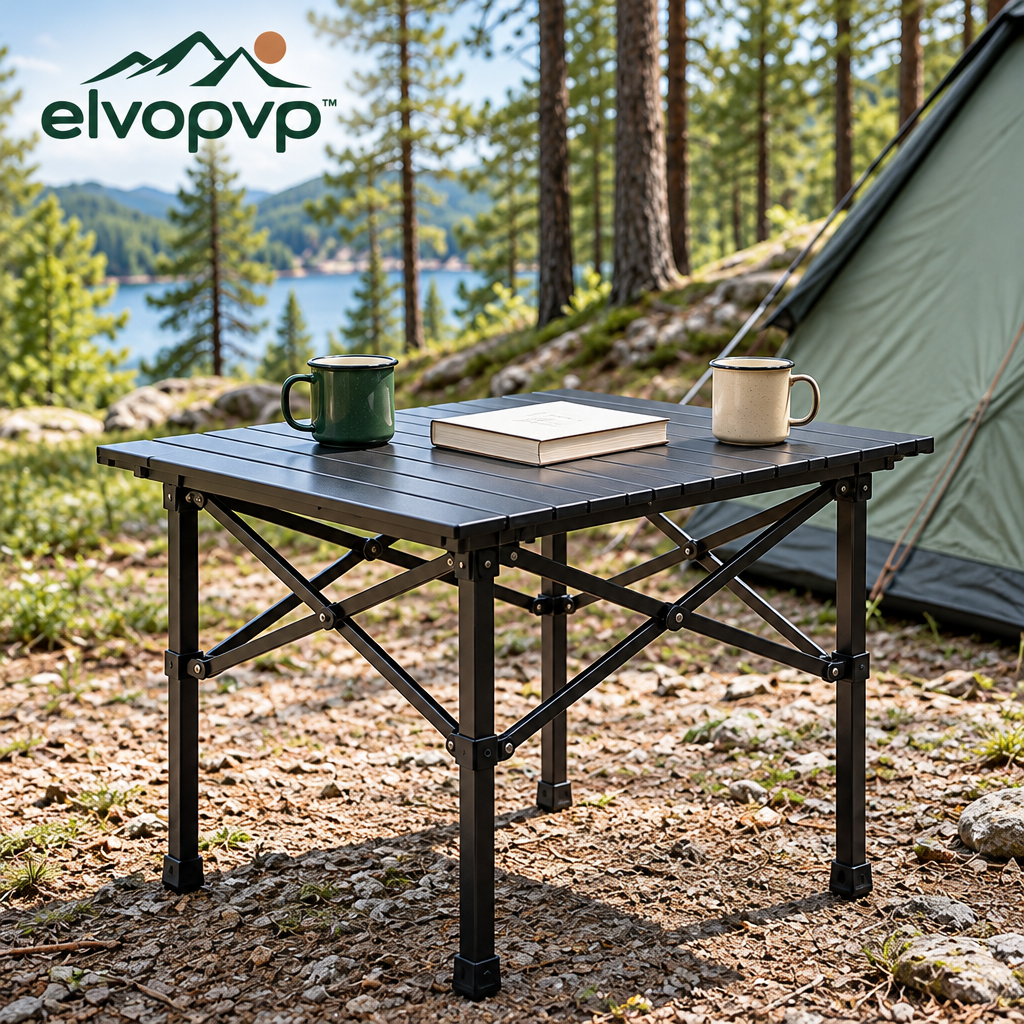 elvopvp™ Slat Aluminum Roll-Top Camping Table — Portable Folding Outdoor Dining Table with Carry Bag, 28 × 28 Inches