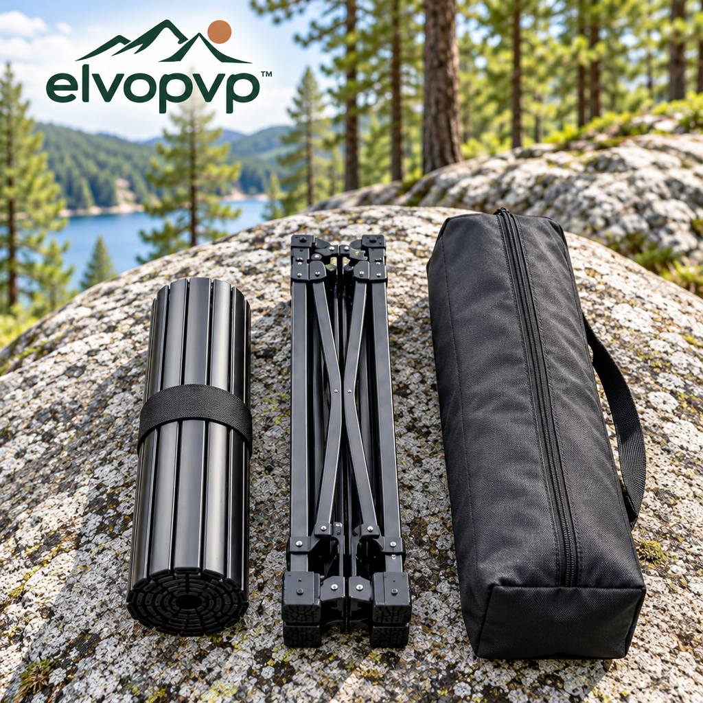 elvopvp™ Slat Aluminum Roll-Top Camping Table — Portable Folding Outdoor Dining Table with Carry Bag, 28 × 28 Inches