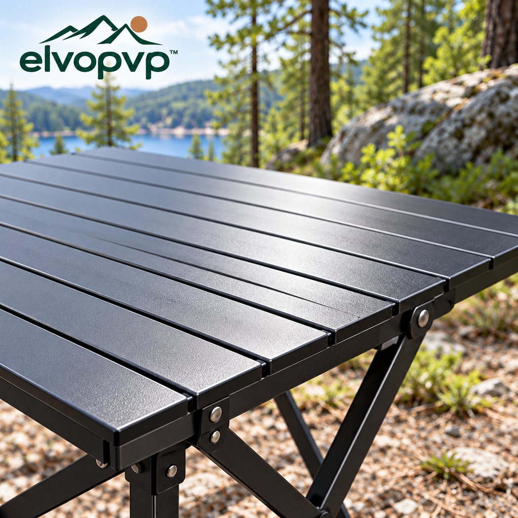 elvopvp™ Slat Aluminum Roll-Top Camping Table — Portable Folding Outdoor Dining Table with Carry Bag, 28 × 28 Inches