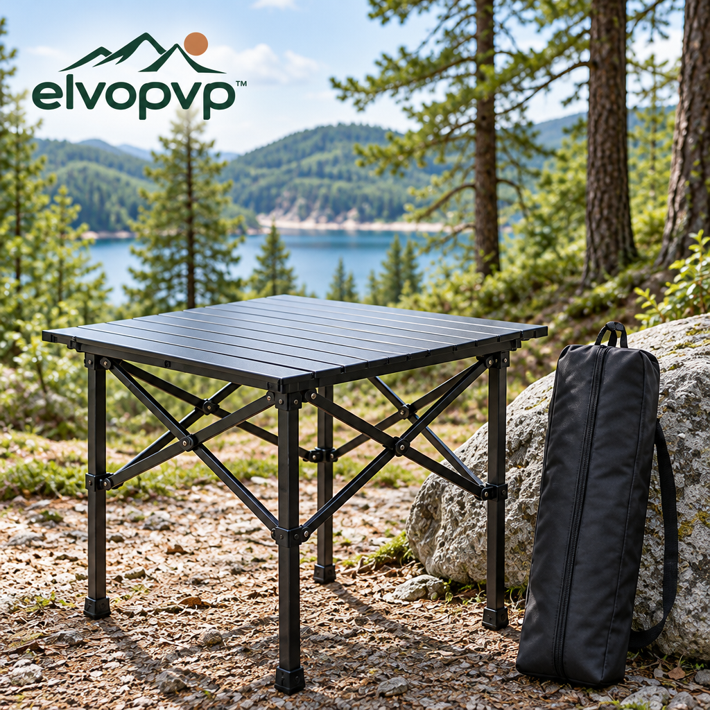 elvopvp™ Slat Aluminum Roll-Top Camping Table — Portable Folding Outdoor Dining Table with Carry Bag, 28 × 28 Inches