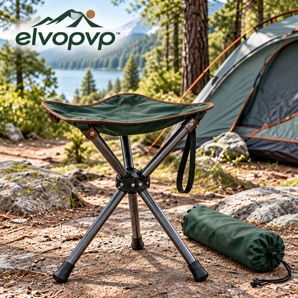 elvopvp™ Pocket Perch Folding Tripod Stool — Portable Camping Seat with Carry Strap & Storage Sleeve, 17-Inch Seat Height