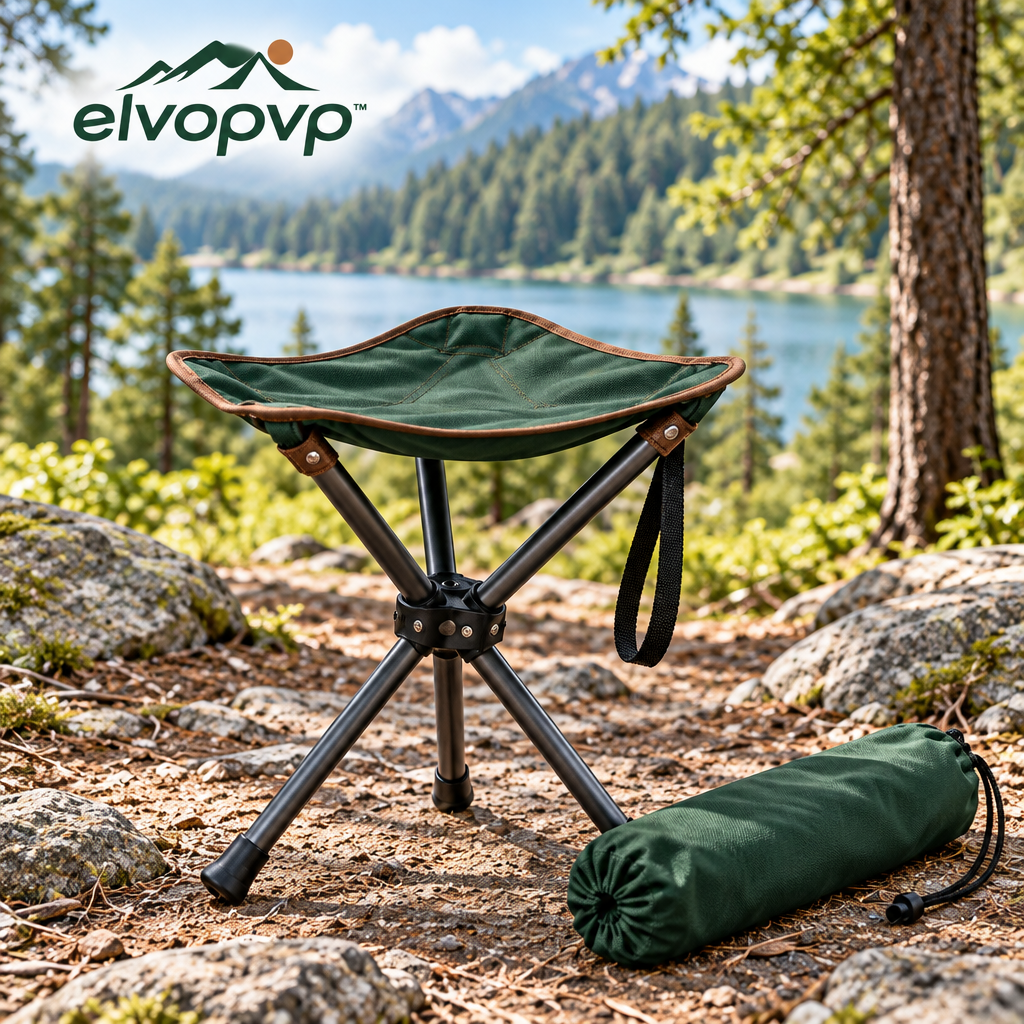 elvopvp™ Pocket Perch Folding Tripod Stool — Portable Camping Seat with Carry Strap & Storage Sleeve, 17-Inch Seat Height