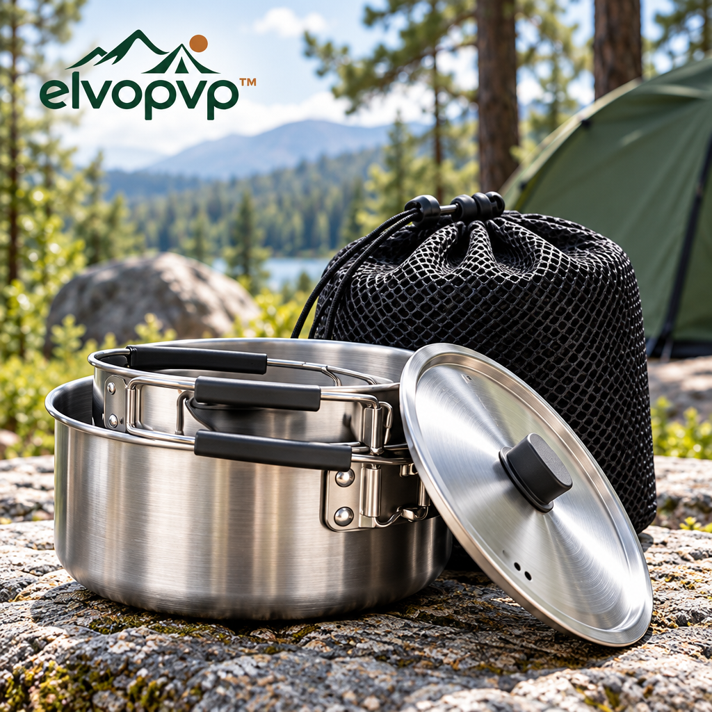 elvopvp™ Nest Stainless Steel Camping Cookware Set — 2-Quart Pot, 8-Inch Fry Pan, Pot Lid & Storage Sack