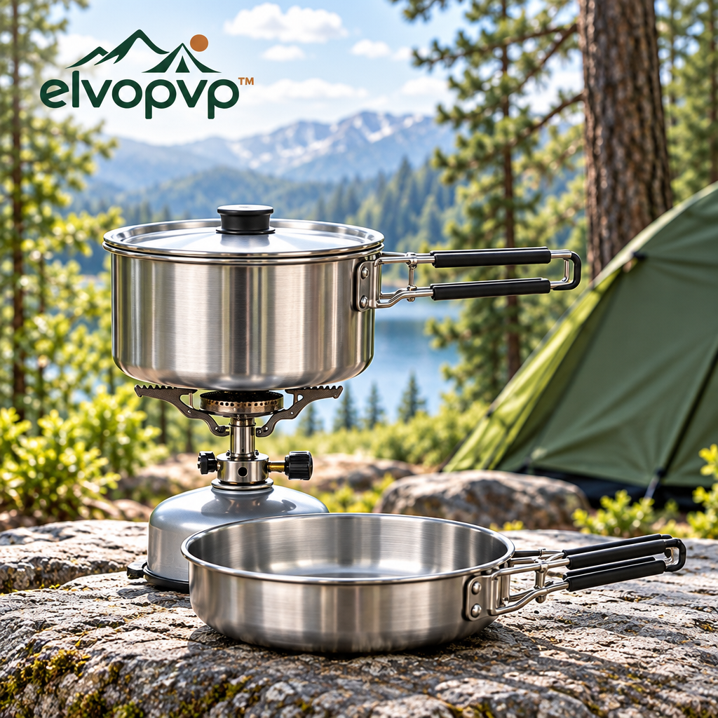 elvopvp™ Nest Stainless Steel Camping Cookware Set — 2-Quart Pot, 8-Inch Fry Pan, Pot Lid & Storage Sack