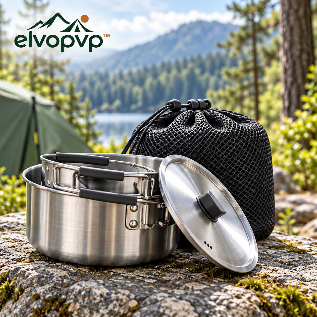 elvopvp™ Nest Stainless Steel Camping Cookware Set — 2-Quart Pot, 8-Inch Fry Pan, Pot Lid & Storage Sack