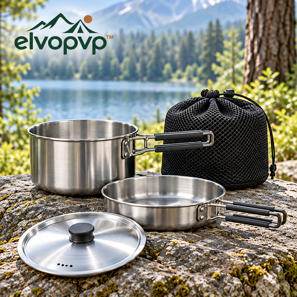 elvopvp™ Nest Stainless Steel Camping Cookware Set — 2-Quart Pot, 8-Inch Fry Pan, Pot Lid & Storage Sack