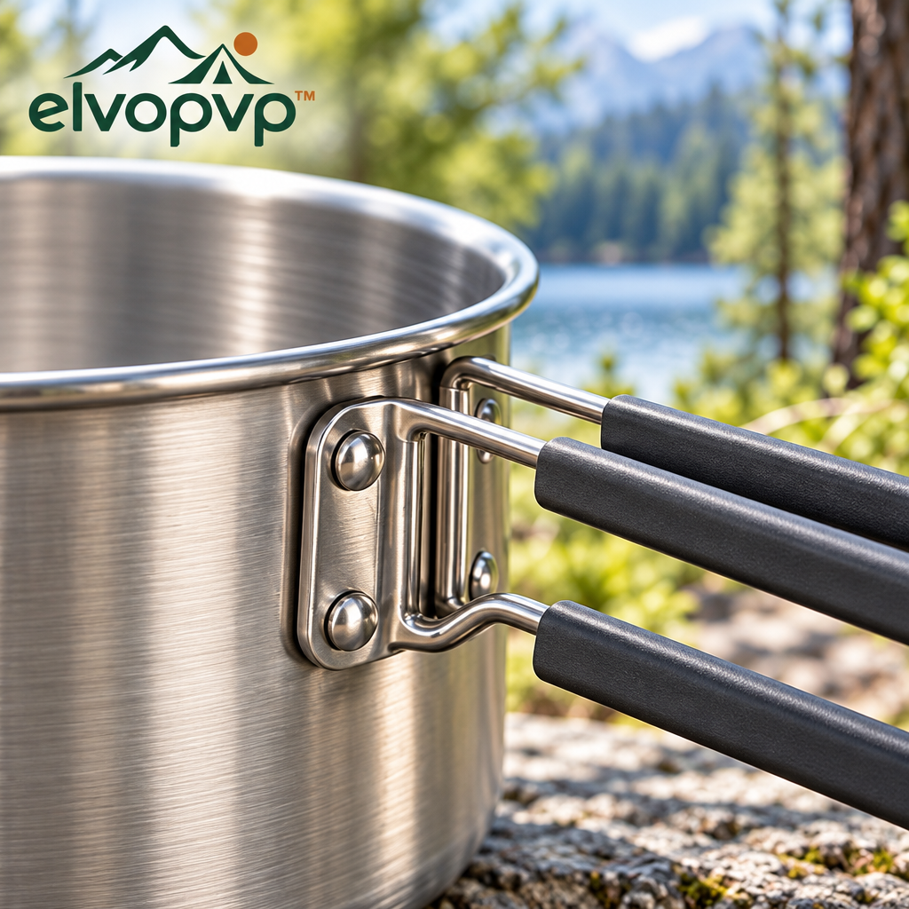 elvopvp™ Nest Stainless Steel Camping Cookware Set — 2-Quart Pot, 8-Inch Fry Pan, Pot Lid & Storage Sack