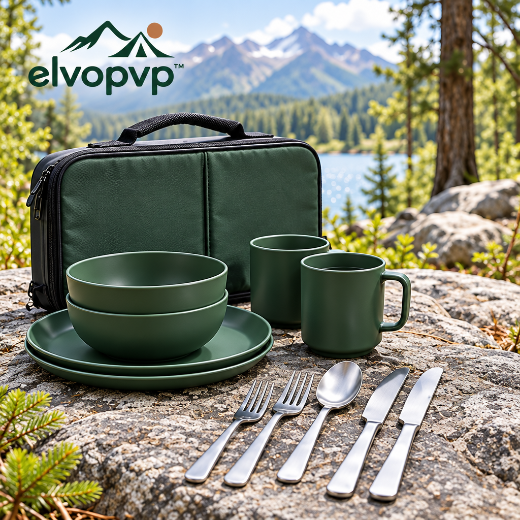 elvopvp™ Camp Table Dining Set for Two — Reusable Camping Plates, Bowls, Mugs & Stainless Steel Flatware, 12 Pieces with Carry Case