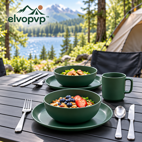 elvopvp™ Camp Table Dining Set for Two — Reusable Camping Plates, Bowls, Mugs & Stainless Steel Flatware, 12 Pieces with Carry Case