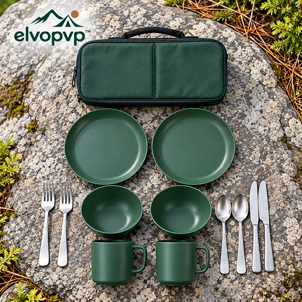 elvopvp™ Camp Table Dining Set for Two — Reusable Camping Plates, Bowls, Mugs & Stainless Steel Flatware, 12 Pieces with Carry Case
