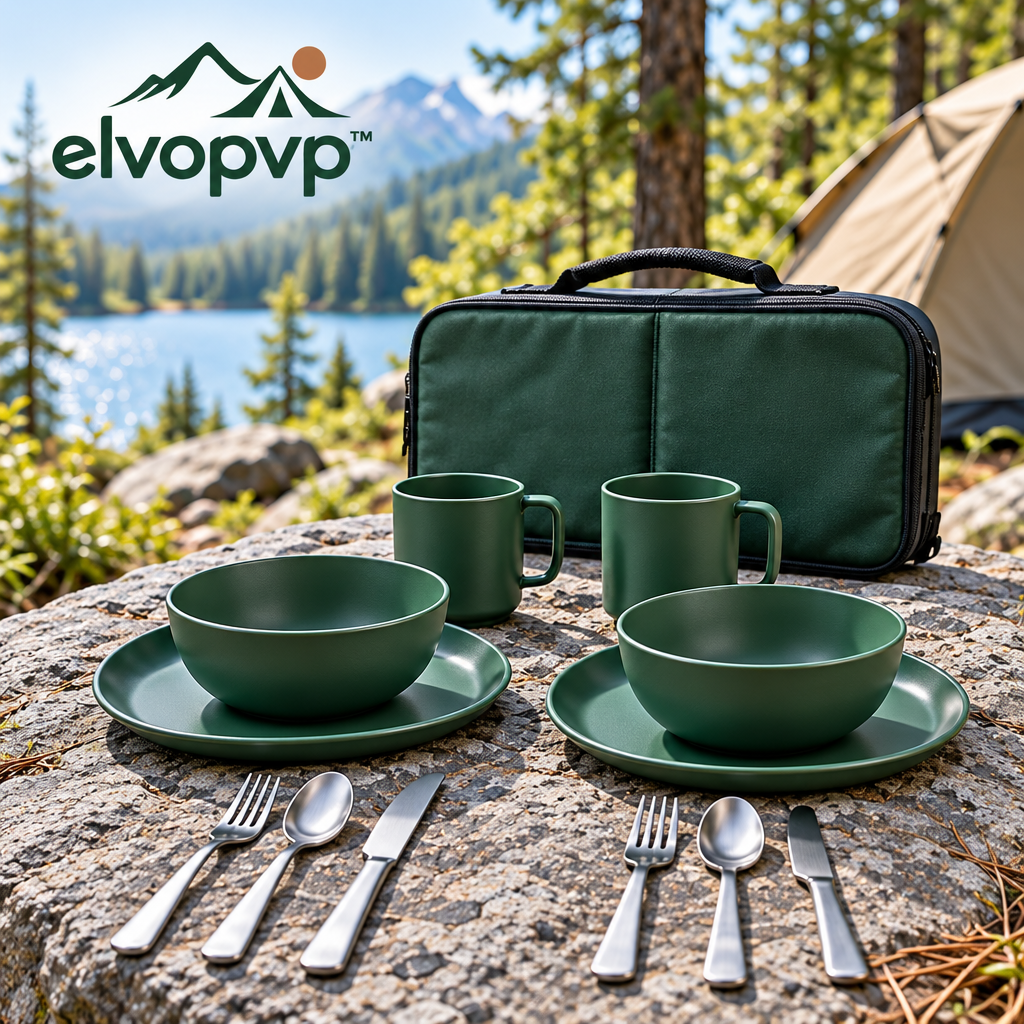 elvopvp™ Camp Table Dining Set for Two — Reusable Camping Plates, Bowls, Mugs & Stainless Steel Flatware, 12 Pieces with Carry Case