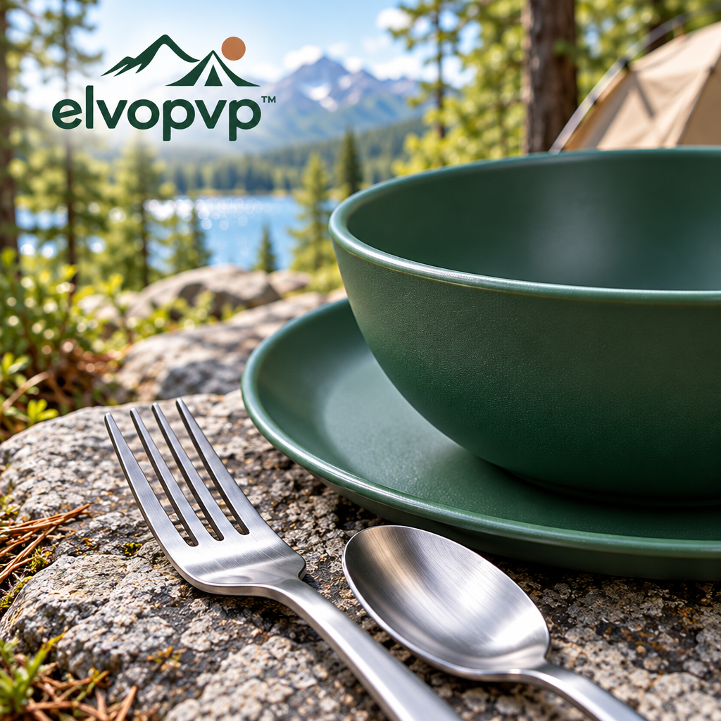 elvopvp™ Camp Table Dining Set for Two — Reusable Camping Plates, Bowls, Mugs & Stainless Steel Flatware, 12 Pieces with Carry Case