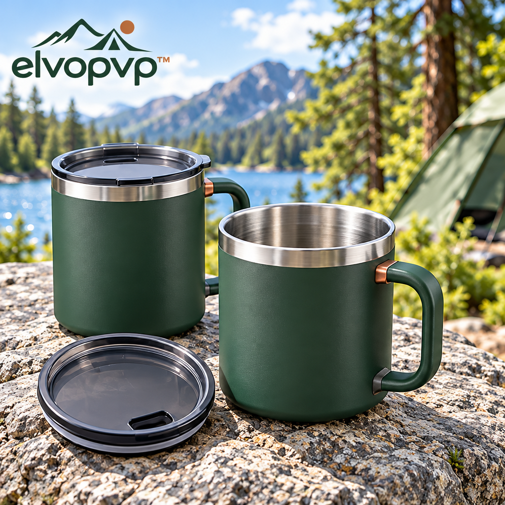 elvopvp™ Morning Pair Double-Wall Camping Mugs — Stainless Steel Coffee Cups with Handles & Removable Lids, 12 fl. oz., 2-Pack
