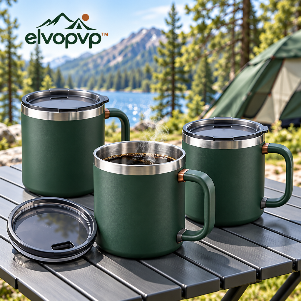 elvopvp™ Morning Pair Double-Wall Camping Mugs — Stainless Steel Coffee Cups with Handles & Removable Lids, 12 fl. oz., 2-Pack