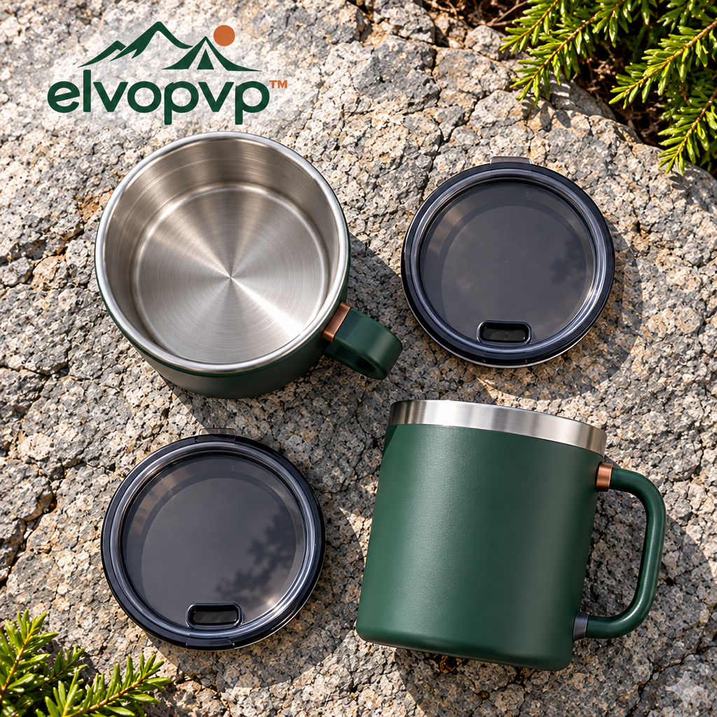 elvopvp™ Morning Pair Double-Wall Camping Mugs — Stainless Steel Coffee Cups with Handles & Removable Lids, 12 fl. oz., 2-Pack