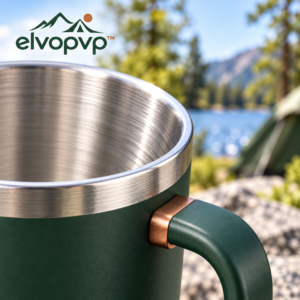 elvopvp™ Morning Pair Double-Wall Camping Mugs — Stainless Steel Coffee Cups with Handles & Removable Lids, 12 fl. oz., 2-Pack