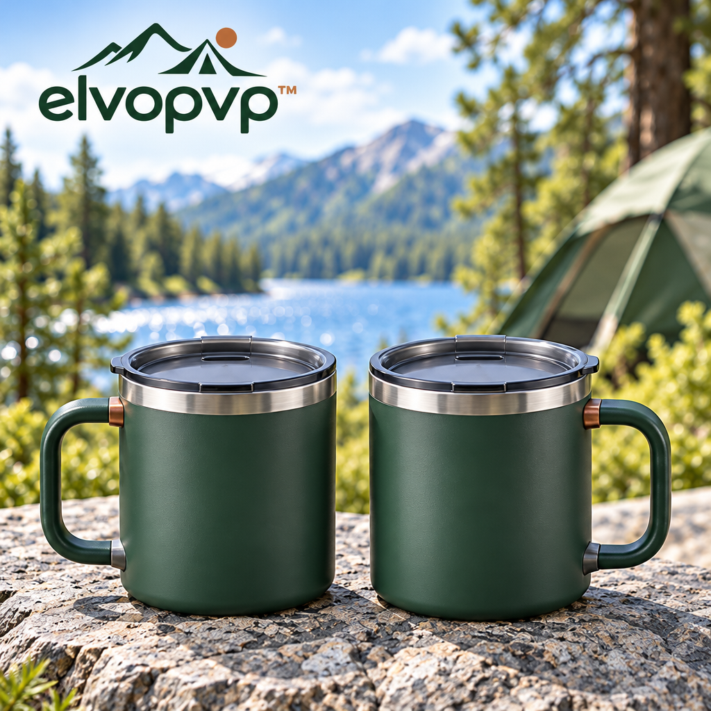 elvopvp™ Morning Pair Double-Wall Camping Mugs — Stainless Steel Coffee Cups with Handles & Removable Lids, 12 fl. oz., 2-Pack