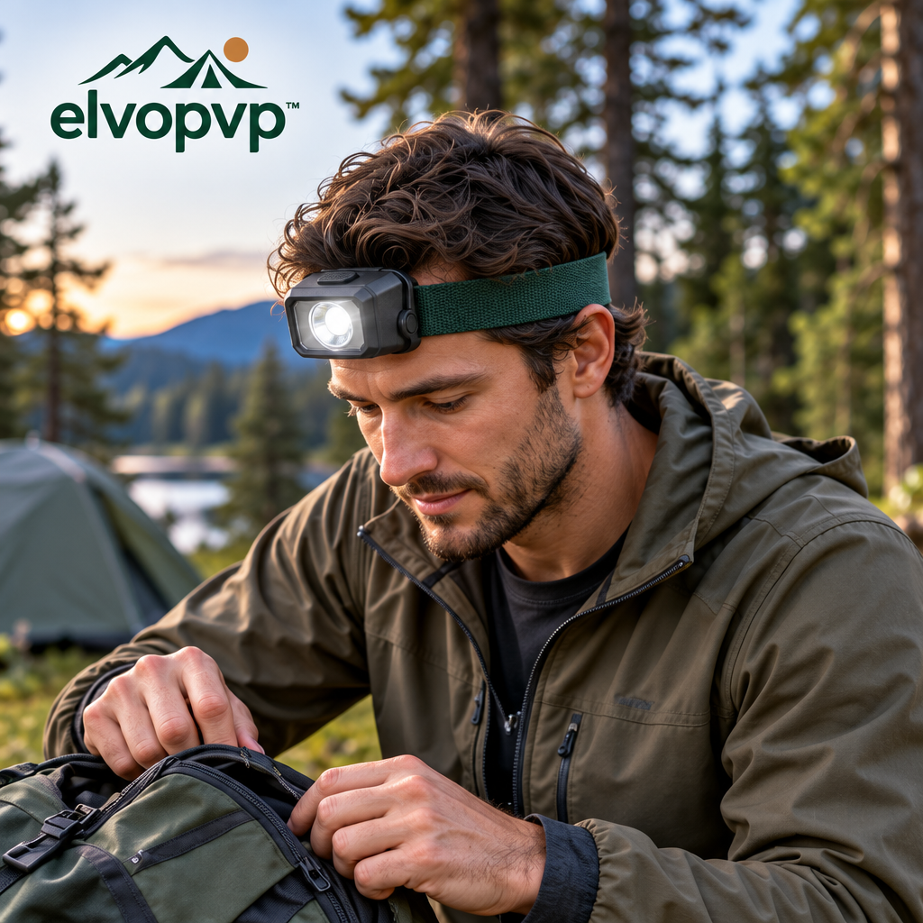 elvopvp™ Task Beam LED Camping Headlamp — Hands-Free Light with Adjustable Headband, Tilting Housing & Two Brightness Settings