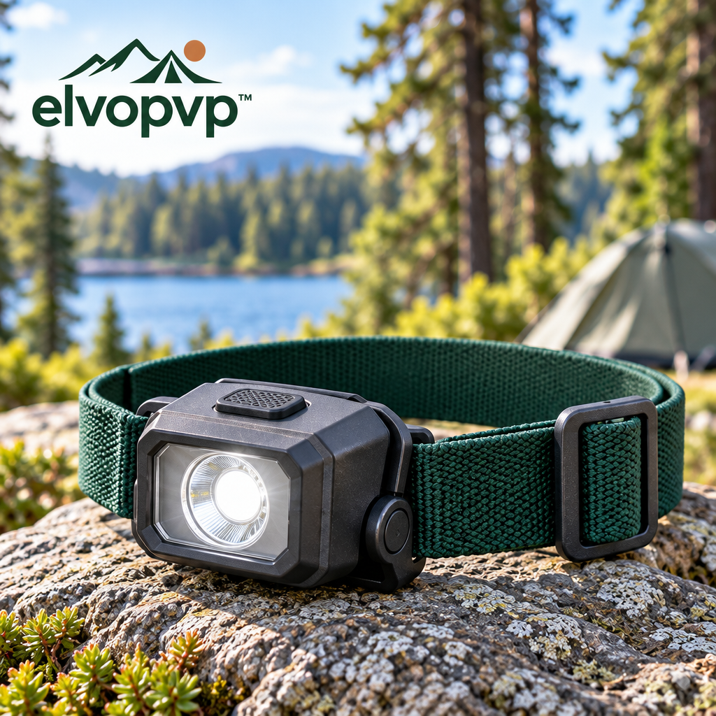 elvopvp™ Task Beam LED Camping Headlamp — Hands-Free Light with Adjustable Headband, Tilting Housing & Two Brightness Settings