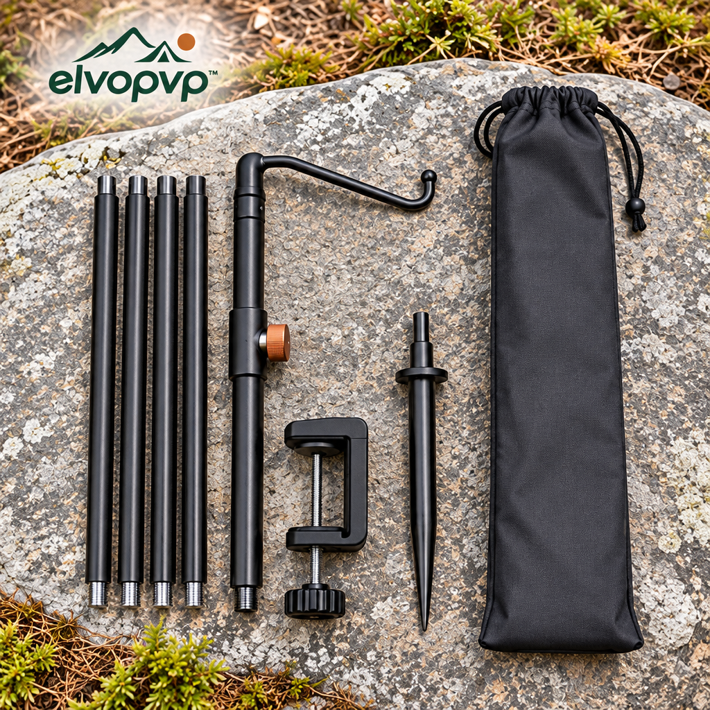 elvopvp™ Arc Camping Lantern Hanger — Adjustable Light Pole with Table Clamp, Ground Spike & Carry Bag, 24–48 Inches