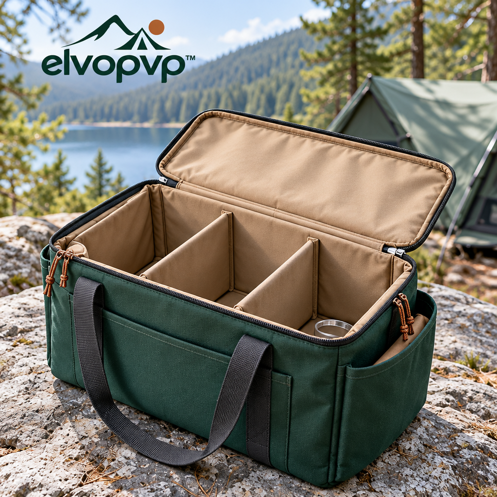 elvopvp™ Camp Haul Structured Gear Tote — Camping Equipment Storage Bag with Removable Dividers & Zippered Top, 18 × 12 × 12 Inches