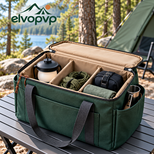 elvopvp™ Camp Haul Structured Gear Tote — Camping Equipment Storage Bag with Removable Dividers & Zippered Top, 18 × 12 × 12 Inches