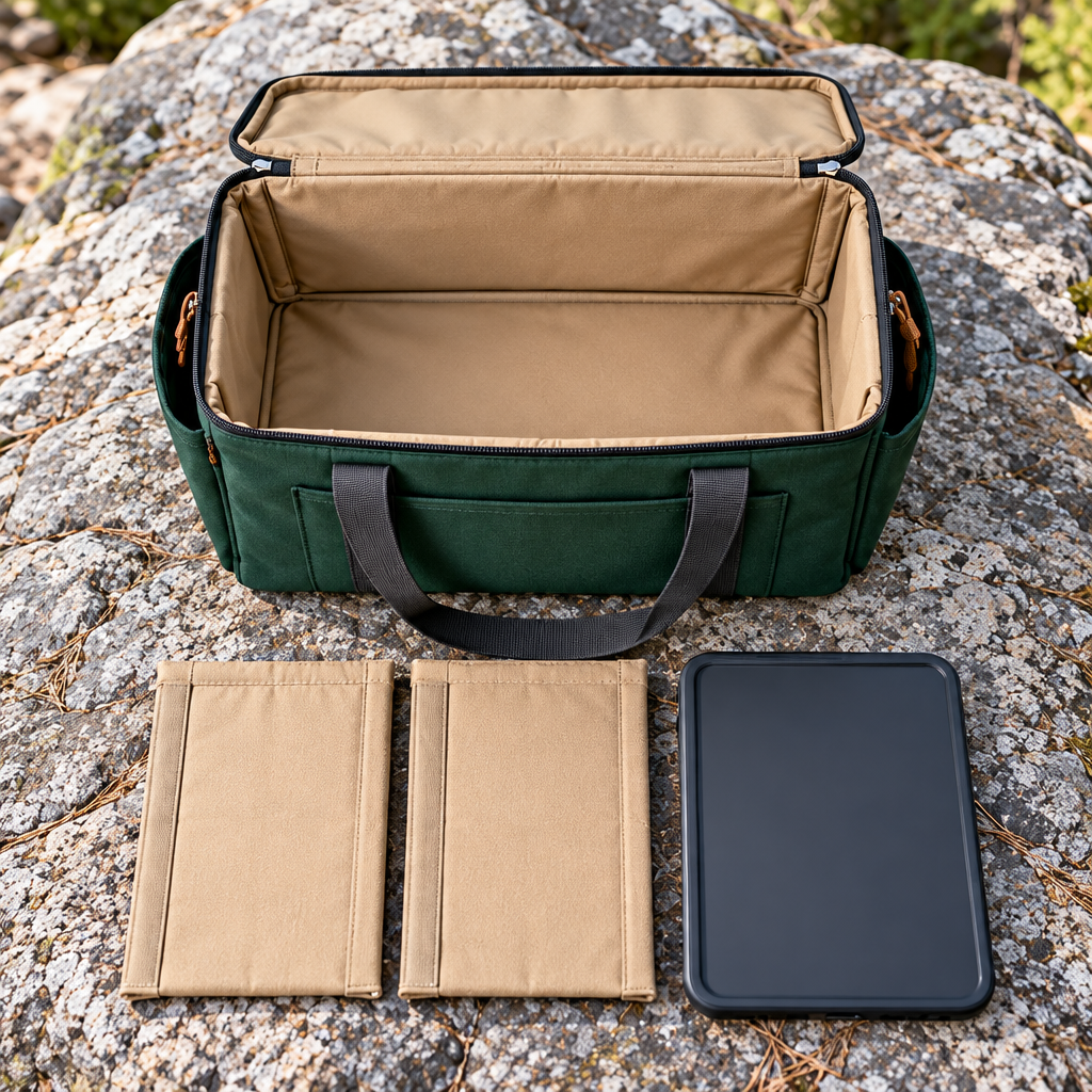 elvopvp™ Camp Haul Structured Gear Tote — Camping Equipment Storage Bag with Removable Dividers & Zippered Top, 18 × 12 × 12 Inches
