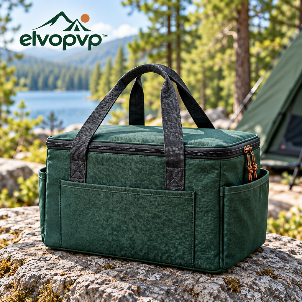 elvopvp™ Camp Haul Structured Gear Tote — Camping Equipment Storage Bag with Removable Dividers & Zippered Top, 18 × 12 × 12 Inches