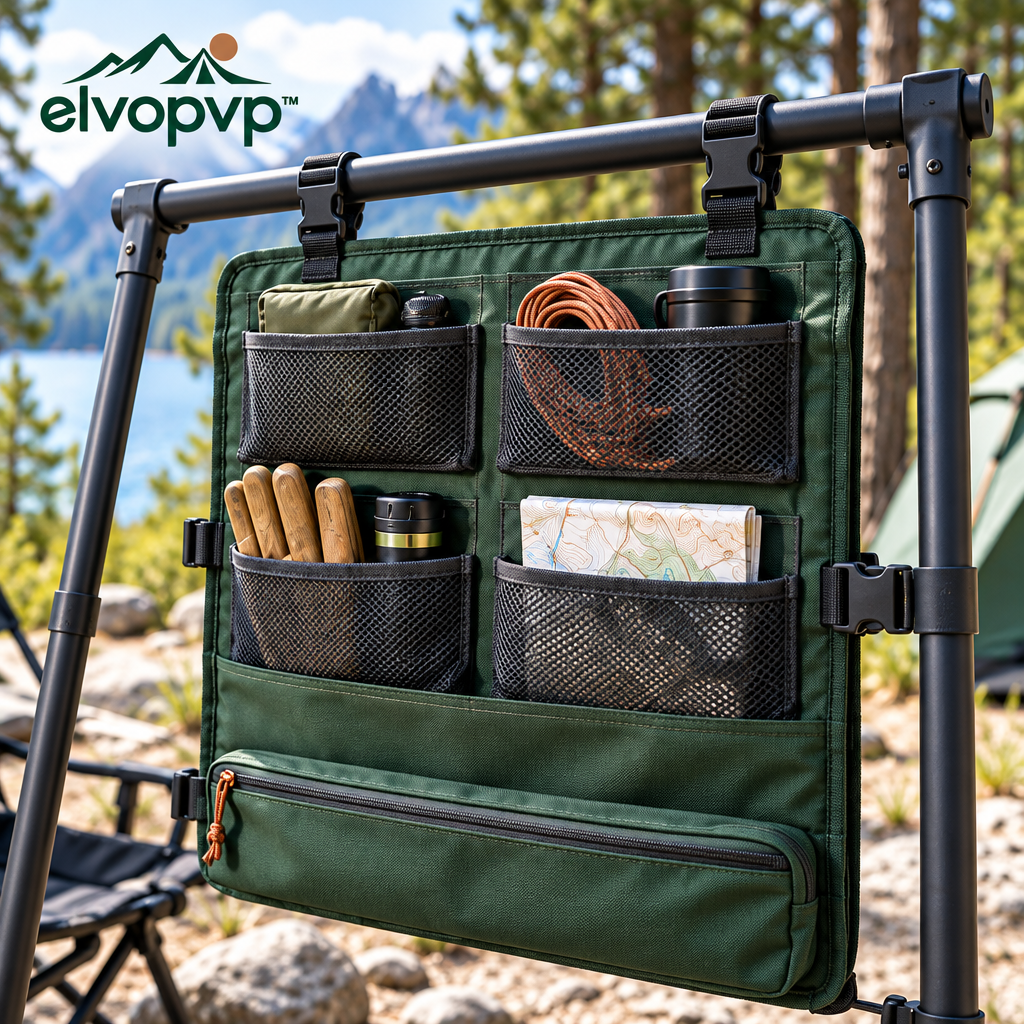 elvopvp™ Camp Wall Hanging Organizer — Camping Storage Panel with Mesh Pockets, Zipper Compartment & Adjustable Straps, 24 × 18 Inches