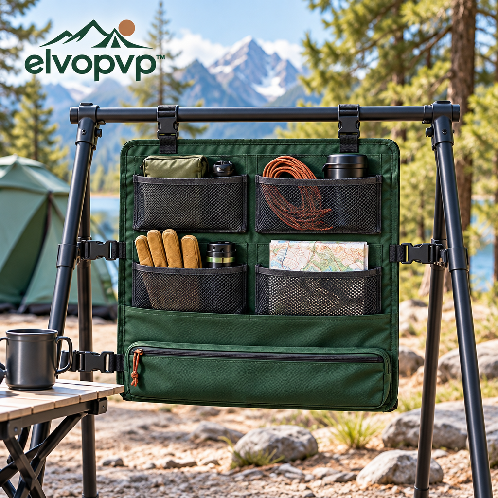 elvopvp™ Camp Wall Hanging Organizer — Camping Storage Panel with Mesh Pockets, Zipper Compartment & Adjustable Straps, 24 × 18 Inches