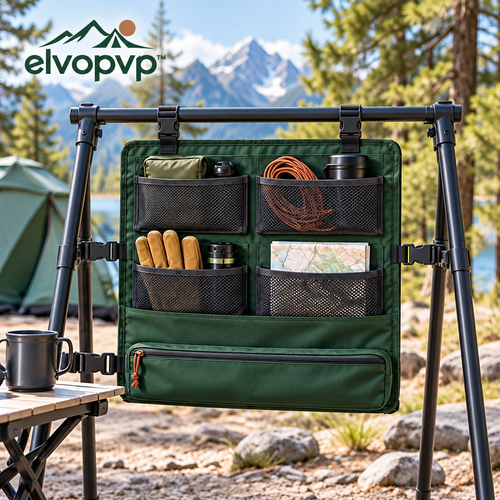 elvopvp™ Camp Wall Hanging Organizer — Camping Storage Panel with Mesh Pockets, Zipper Compartment & Adjustable Straps, 24 × 18 Inches