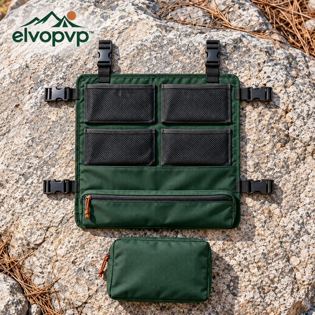 elvopvp™ Camp Wall Hanging Organizer — Camping Storage Panel with Mesh Pockets, Zipper Compartment & Adjustable Straps, 24 × 18 Inches