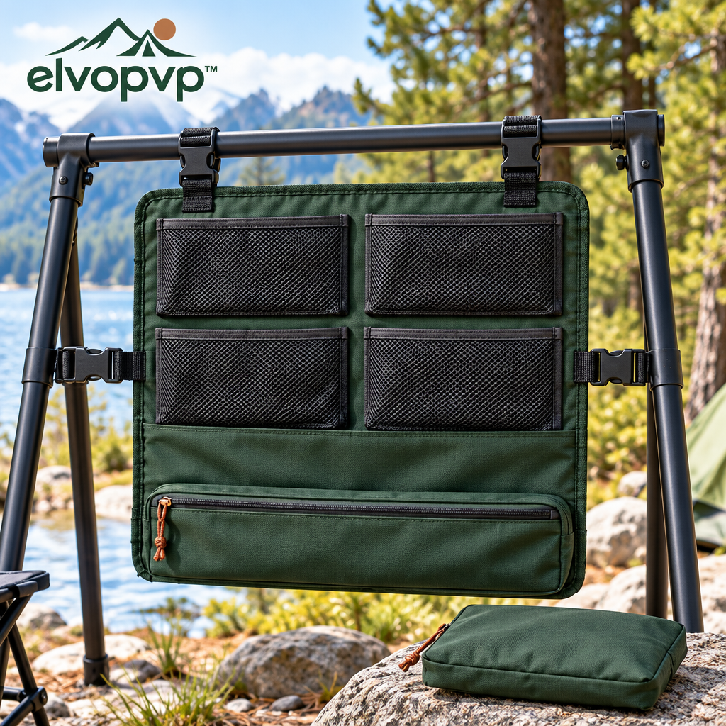 elvopvp™ Camp Wall Hanging Organizer — Camping Storage Panel with Mesh Pockets, Zipper Compartment & Adjustable Straps, 24 × 18 Inches